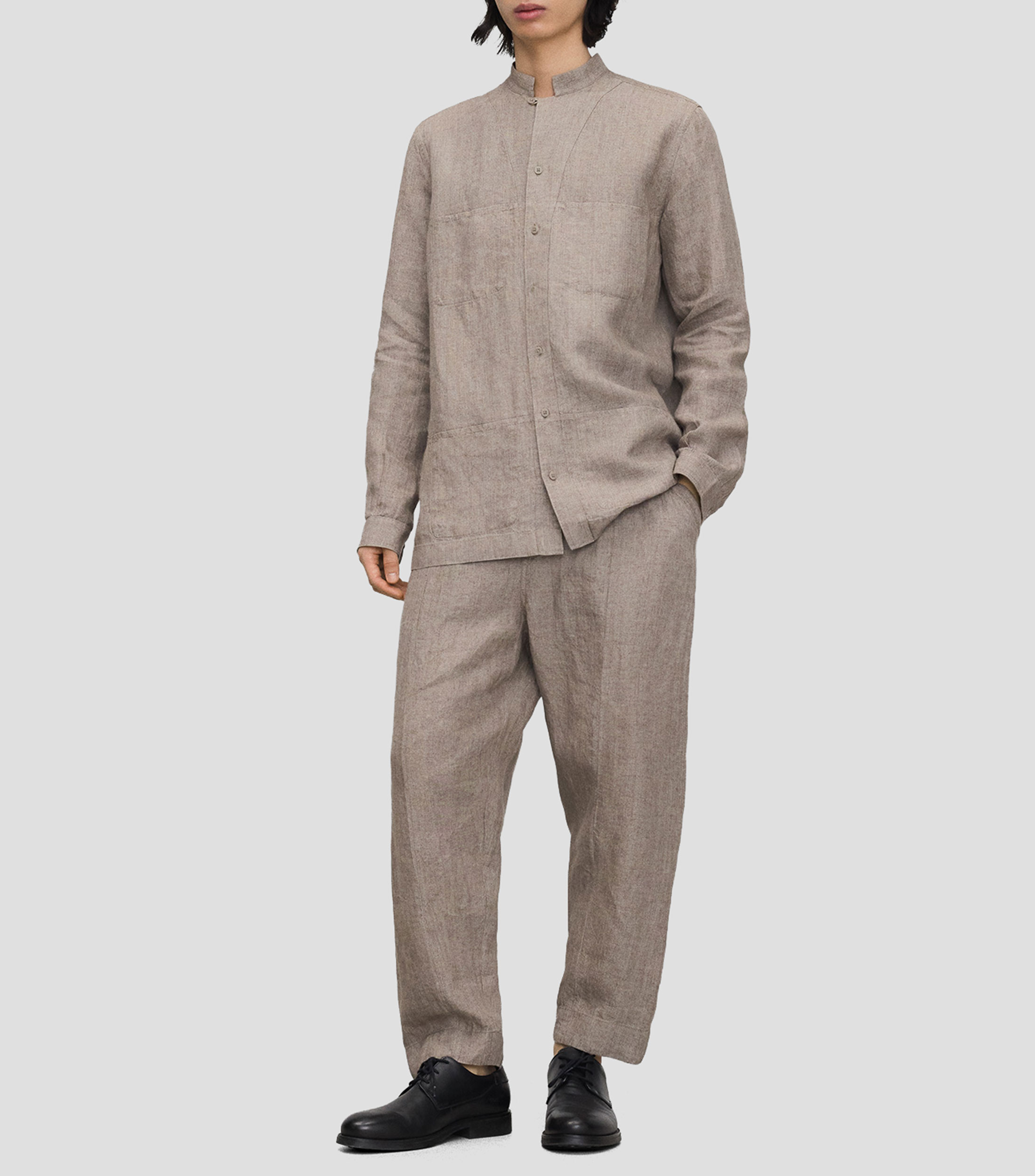 Camisa jaspeada de lino manga larga Hombre